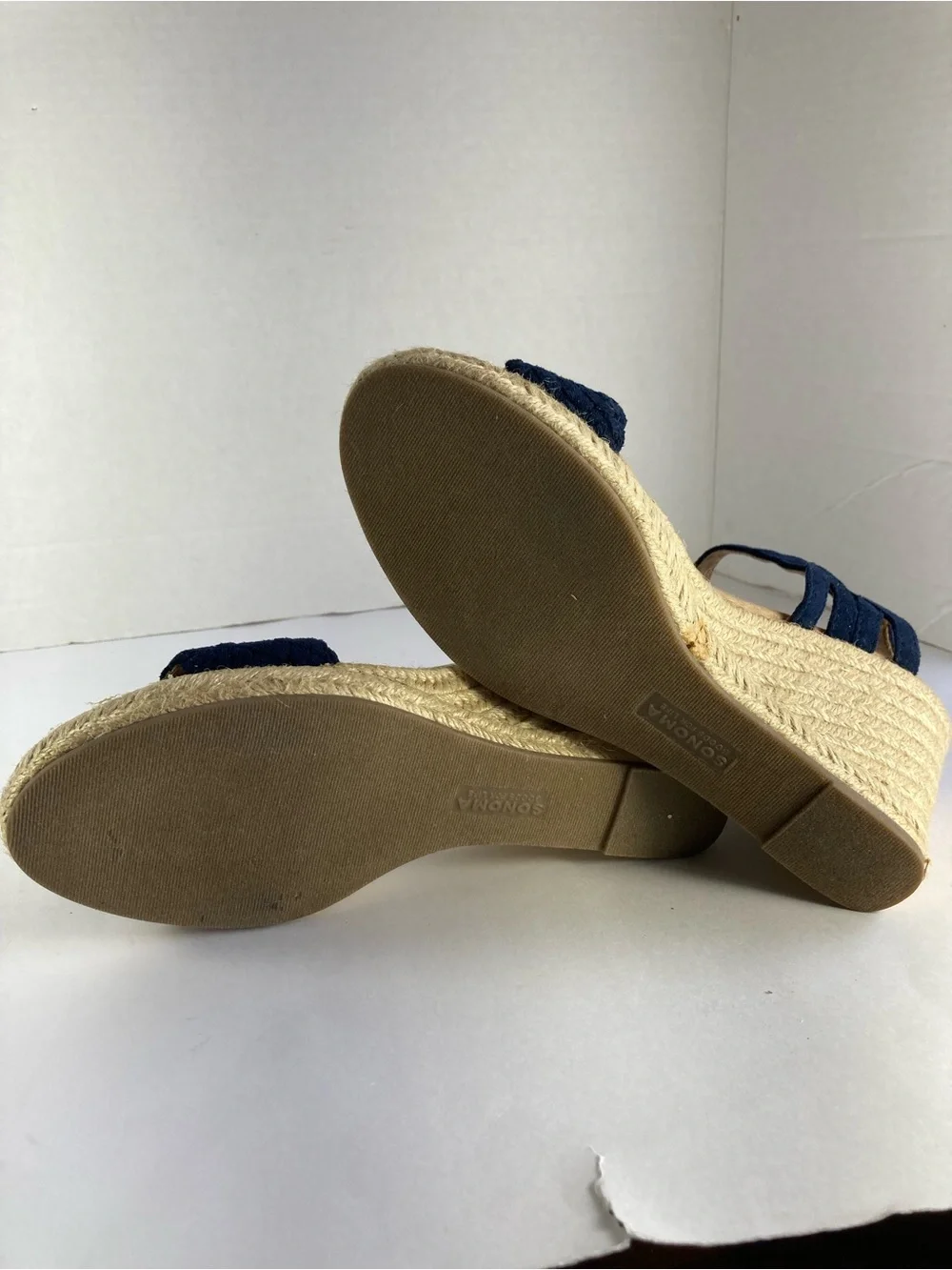 Sonoma womens straw woven wedge heel slingback sandals navy/tan US size 8 M